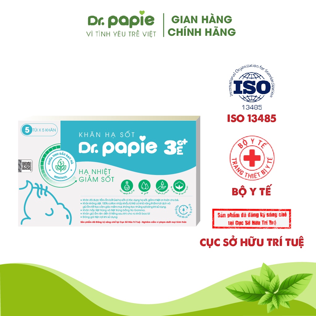 Khăn Lau Hạ Sốt 3+ Dr Papie Thải Nhiệt Hạ Sốt Chuẩn Nhi Khoa, Ngăn Ngừa Co Giật Cho Bé Hộp 5 Gói x 5 Khăn/Gói