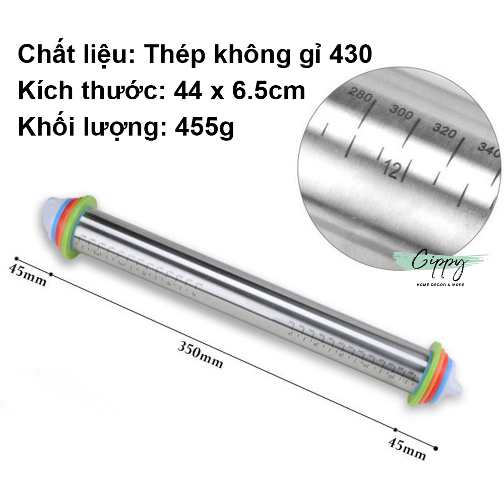 Cây cán bột/cây lăn bột inox có thể điều chỉnh theo độ dày của bột - Dụng cụ cắt bột - dụng cụ nhà bếp - Gippy Decor