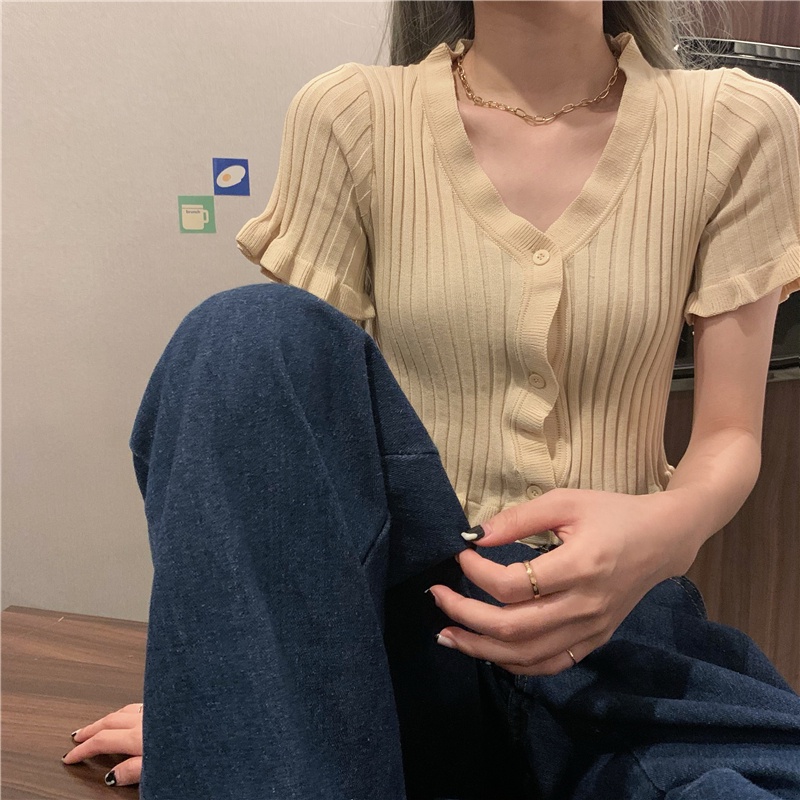 SUXI Mùa hè Mới Màu rắn dệt kim Áo thun nữ Áo phông cổ chữ V Áo ngắn gợi cảm