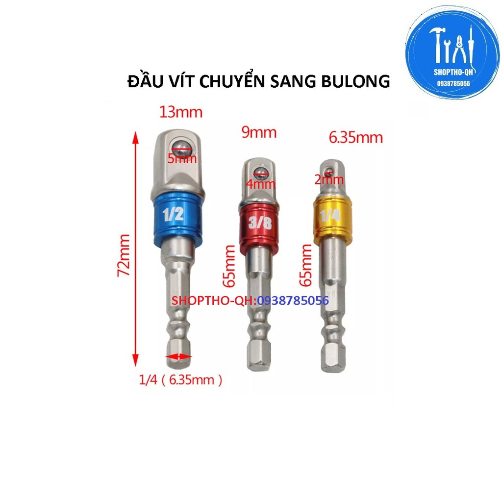 Đầu chuyển bắn vít sang bulong 1/2 ,3/8, 1/4 loại 3 màu.