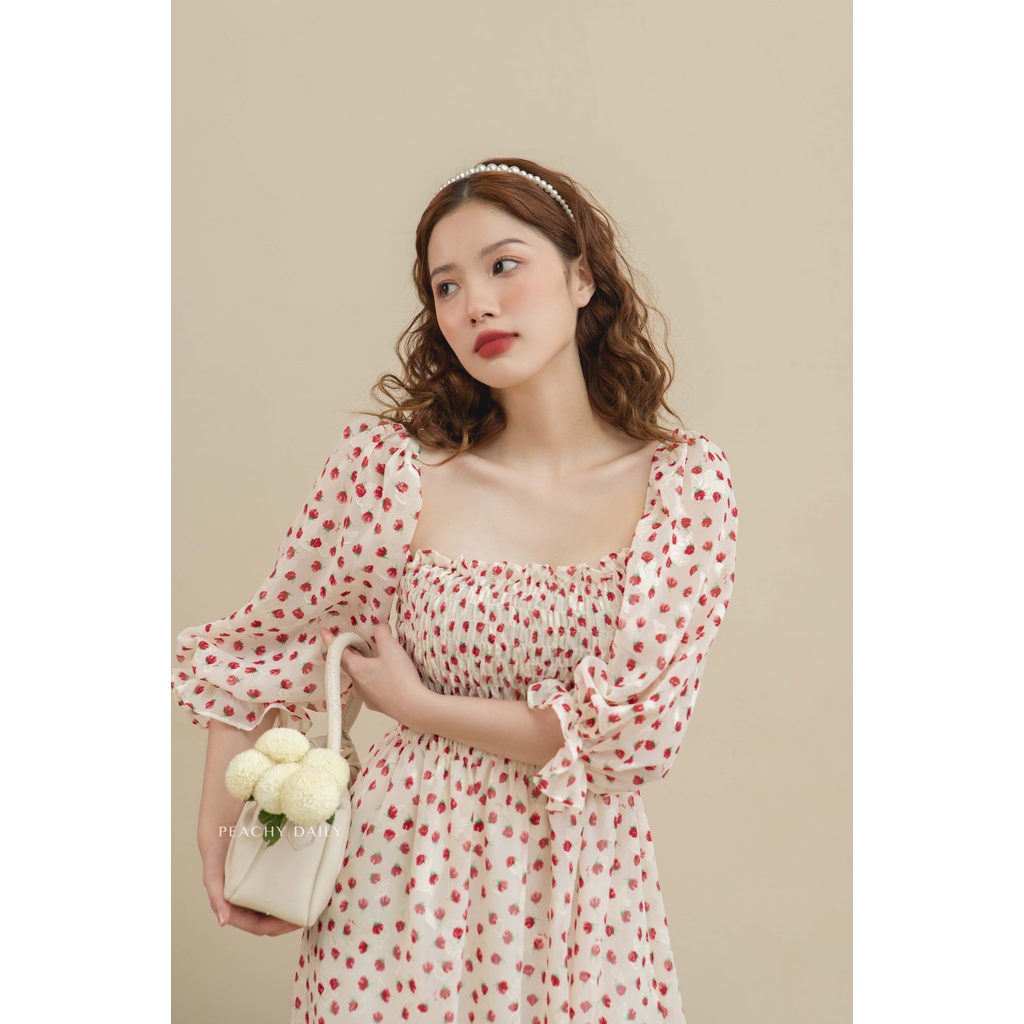 Váy hoa nữ nhún ngực tay bồng Peachy Daily- MINA DRESS chất liệu tơ ép