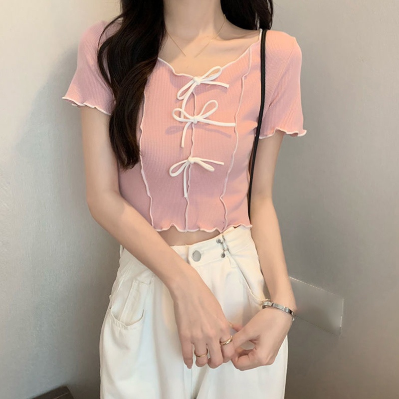 Áo Thun Croptop Dệt Kim Tay Ngắn Cổ Tròn Phối Nơ Họa Tiết Kẻ Sọc Màu Tương Phản Dễ Thương Thời Trang Cho Nữ