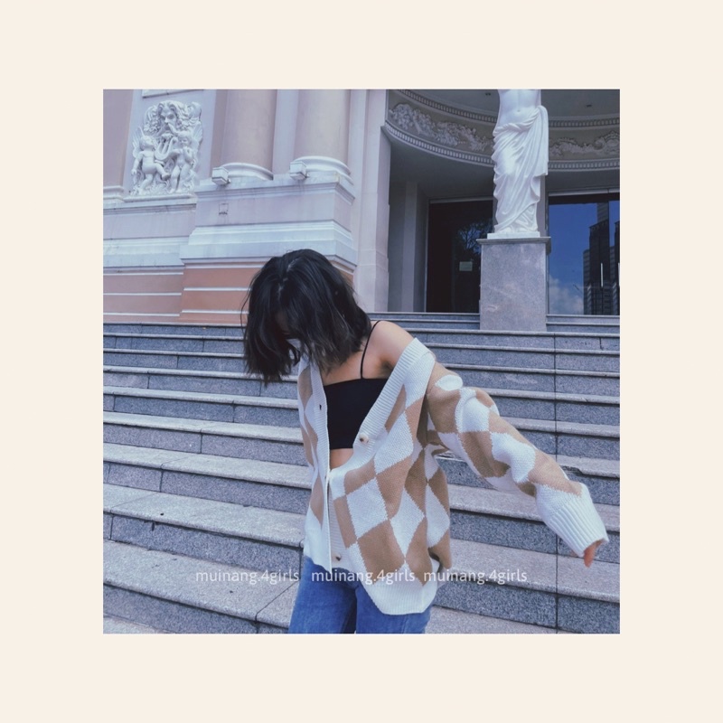 Áo Cardigan Nữ Áo Khoác Cardigan Len Sọc Caro Trắng Nâu Phối Nút Hàng QCCC (ORDER)