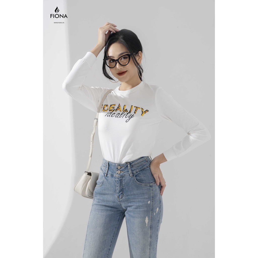 Áo nỉ nữ cổ tròn FIONA, áo nỉ dài tay thu đông thân trước in hình chữ vàng bóng F520896