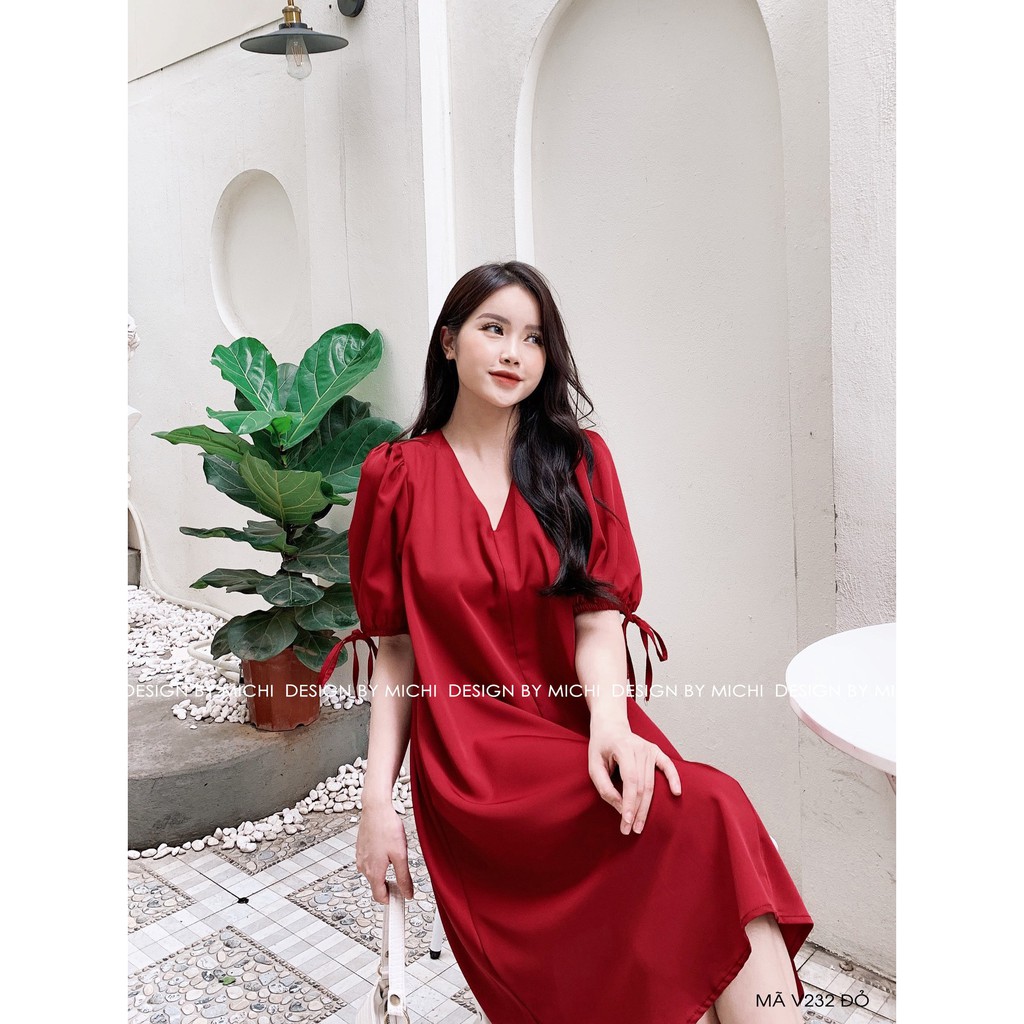 Váy thiết kế, dáng suông cổ V, tay nơ, đầm dáng xuông rộng, freesize 3 màu Xanh - Nâu - Đỏ, mã V232 - Michi's House | BigBuy360 - bigbuy360.vn