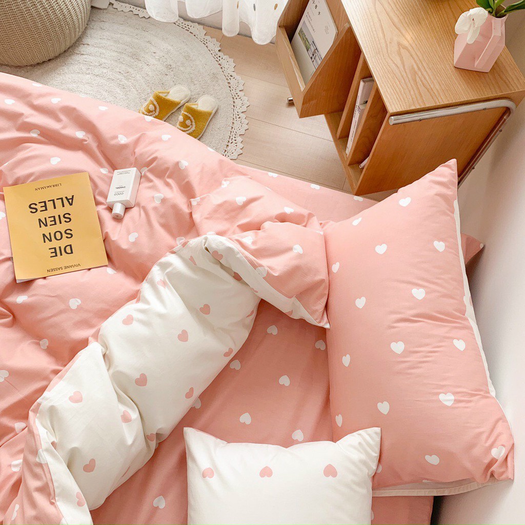 Bộ sưu tập bộ chăn ga và vỏ gối Cotton Poly Minh Nhật tim nhí trắng hồng - Hàng nhập khẩu cao cấp