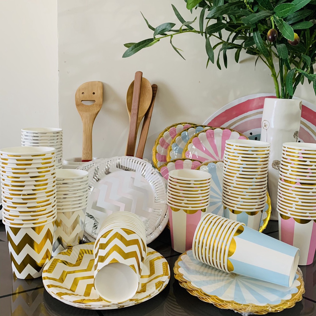 Ly Dĩa giấy cao cấp hồng ánh kim, xanh ánh kim set 10 cái, trang trí tiệc sinh nhật