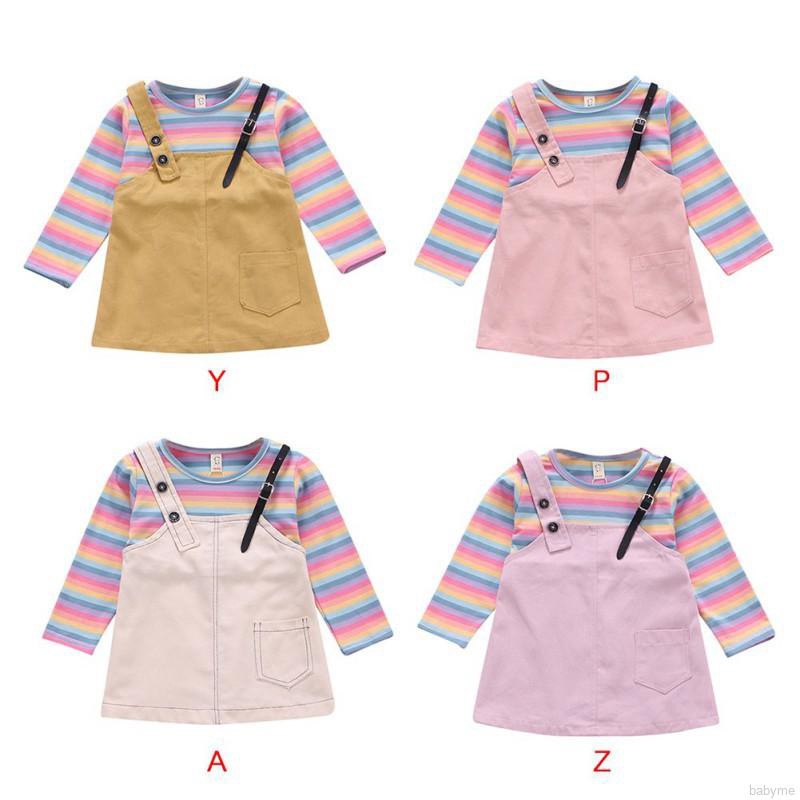 Babyme Autumn Baby Girls Rainbow Stripe Print Long Sleeve Fake 2 Piece Dress Kids Princess Dresses