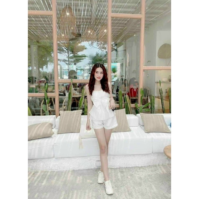 Sét bộ đồ nữ áo hai dây kết nơ có mút kèm quần đùi