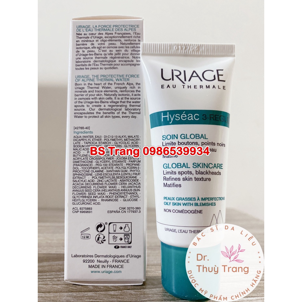 [CHÍNH HÃNG] Uriage Kem Ngăn Ngừa Mụn Trứng Cá Hỗn Hợp Hyseac 3Regul 40ml