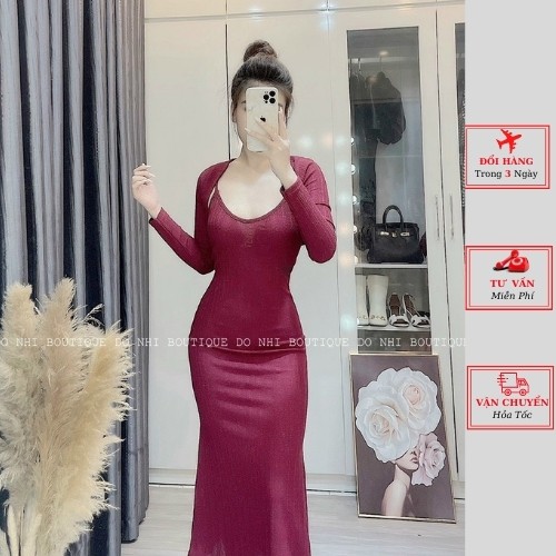 Set đầm body nữ 2 dây maxi dáng dài kèm áo khoác cardigan mùa thu đông ulzzang Hàn Quốc cao cấp