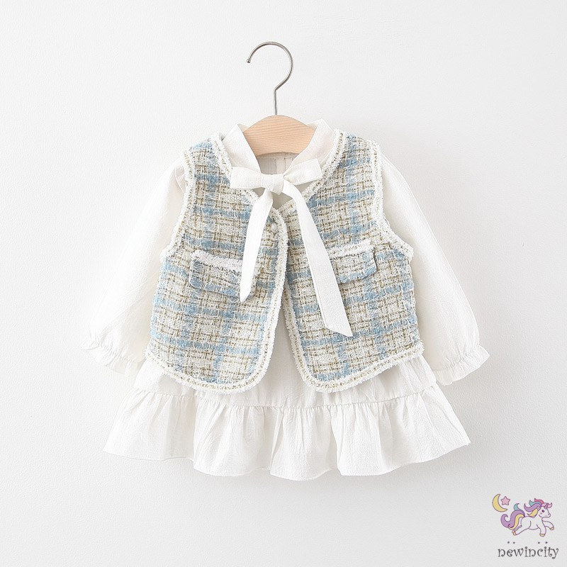 Bộ Đầm Dài Tay + Áo Khoác Vest Phong Cách Hàn Quốc Siêu Đáng Yêu Dành Cho Bé Gái