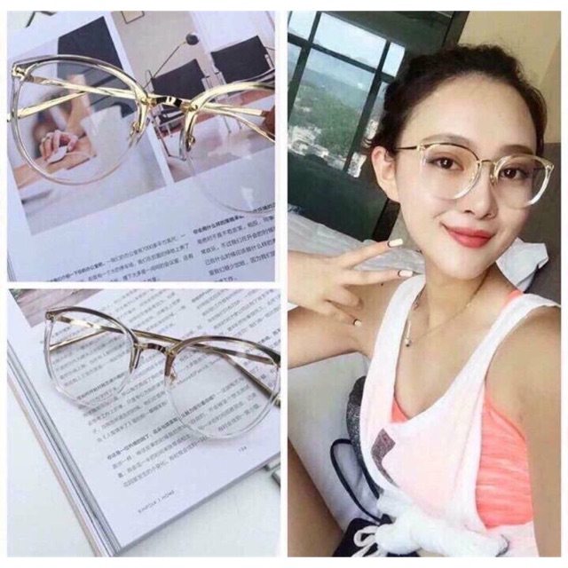 Kính tròn trắng trong suốt chân vàng 117