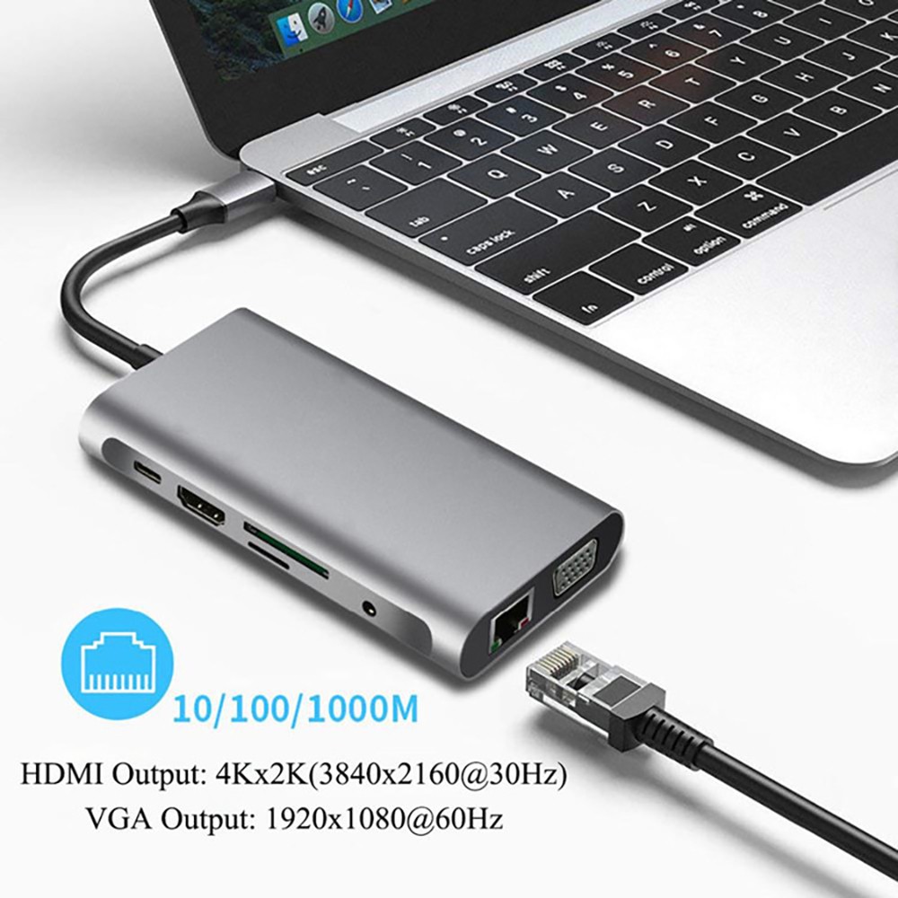 Bộ chuyển đổi hub 10 trong 1 USB type C to USB3.0  / HDMI / PD / RJ45 / SD / TF card / VGA / Audio 3.5 10 in 1