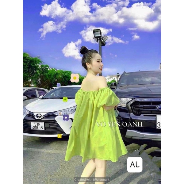 Áo trễ vai tay bồng dáng váy suông