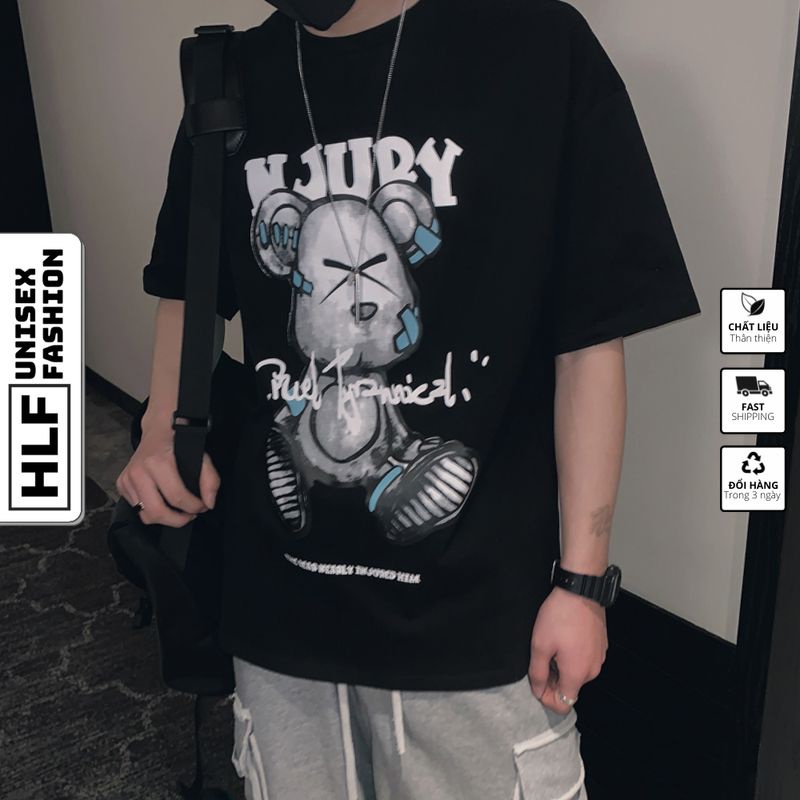 Áo phông nam HLFashion tay lỡ unisex form rộng Gấu NJURY thun oversize nam nữ ulzzang
