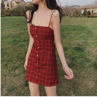 Đầm nữ kẻ caro đỏ hở lưng Chakovet cvk009, Váy 2 dây kẻ đỏ thắt nơ sau, kiểu váy nữ điệu đà đi chơi du lịch đi biển đẹp