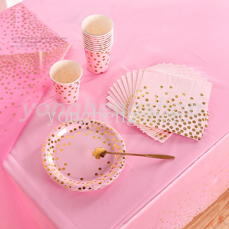 Bộ dụng cụ ăn uống bằng giấy họa tiết chấm bi màu đồng dùng một lần trang trí tiệc sinh nhật/tiệc tùng