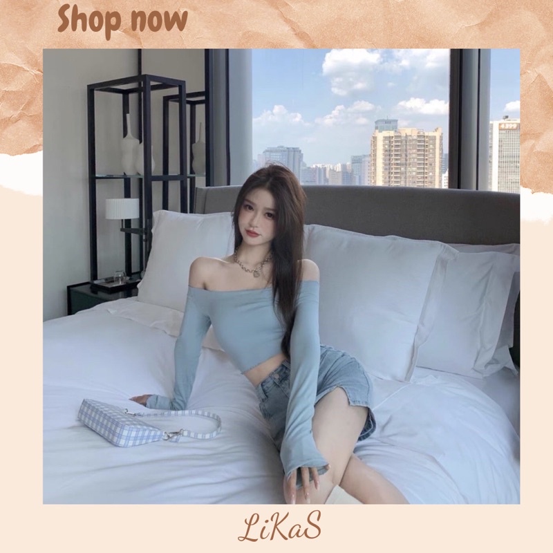Áo croptop trễ vai trơn tay dài ôm dáng ( CÓ SẴN ) ảnh thật cuối
