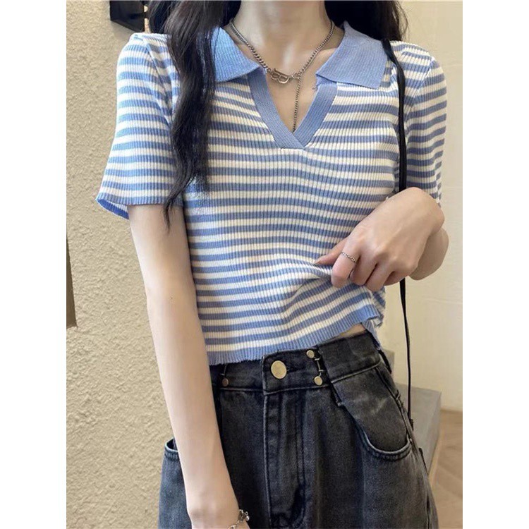 Áo len nữ croptop có cổ cộc tay thu đông kẻ ngang 3 màu đẹp | BigBuy360 - bigbuy360.vn