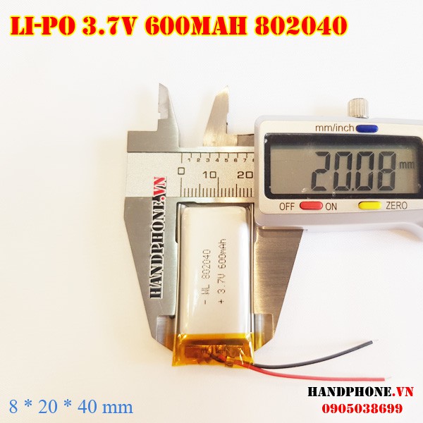 Pin Li-Po 3.7V 600 / 650mAh 802040 (Lithium Polymer) cho máy nội soi, định vị GPS, máy ghi âm, camera hàng trình