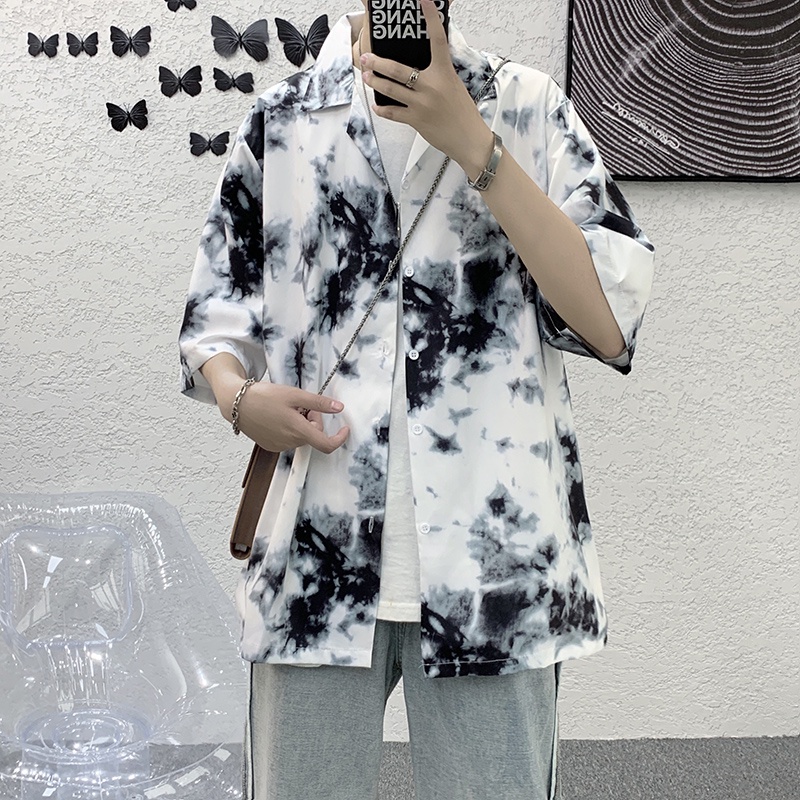 ( Hàng Mới ) Áo Sơ Mi Ngắn Tay Loang Phối Màu Họa Tiết, Lụa Chéo Mềm Mịn Thấm Hút Mồi Hôi Thoải Mái Hoạt Động