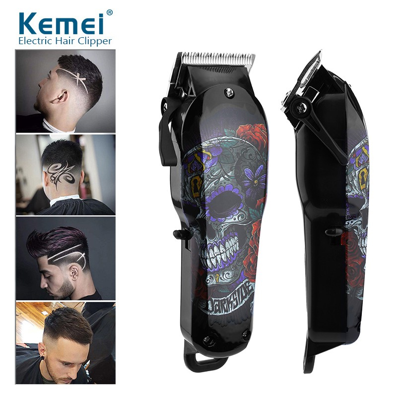 Tông Đơ Cắt Tóc Bằng Điện Chuyên Nghiệp Kemei Km-735 Không Dây Sạc Được In Họa Tiết Đầu Lâu Graffiti