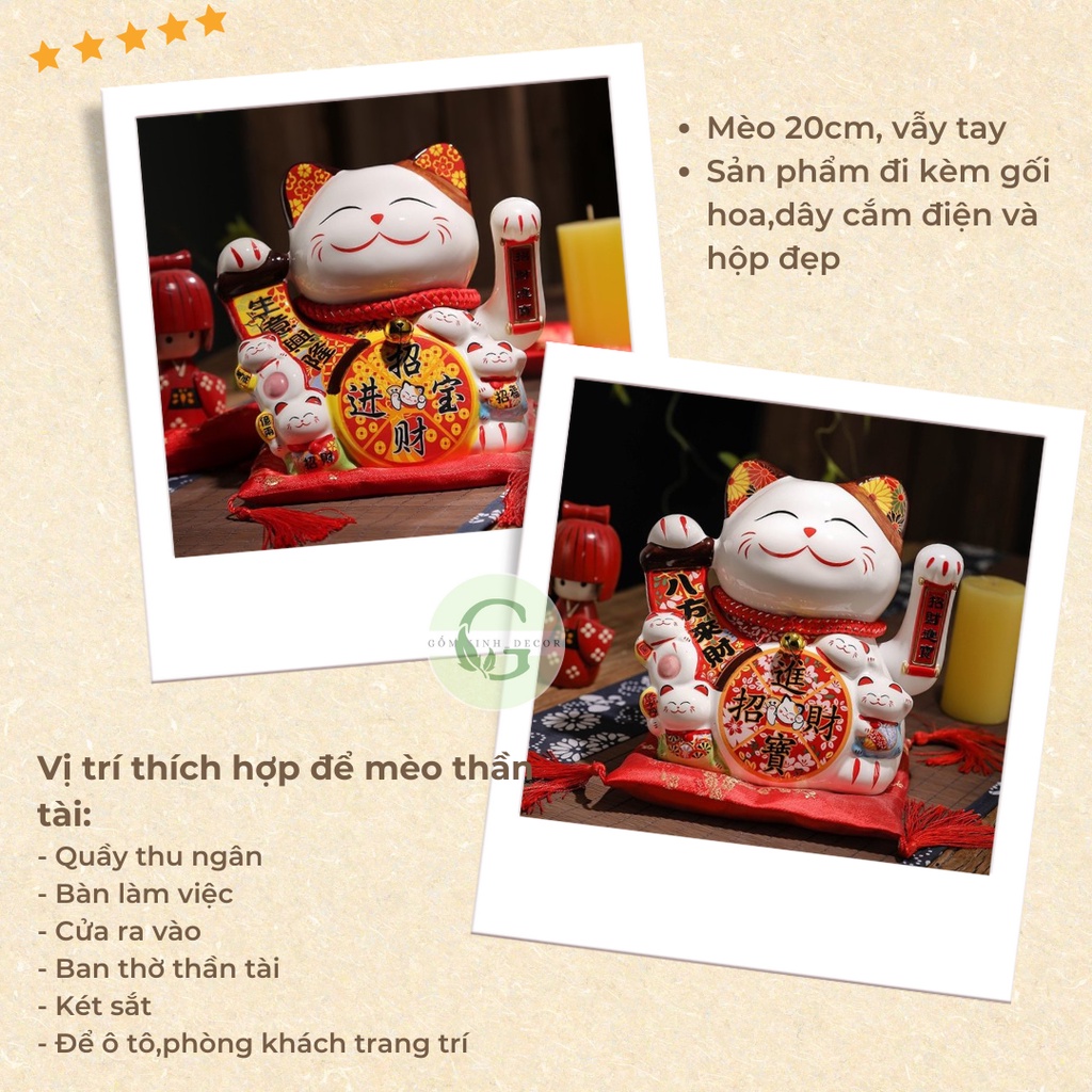 Mèo Thần Tài May Mắn Vẫy Tay Chiêu Tài Lộc Gốm Sứ Cao Cấp 20cm