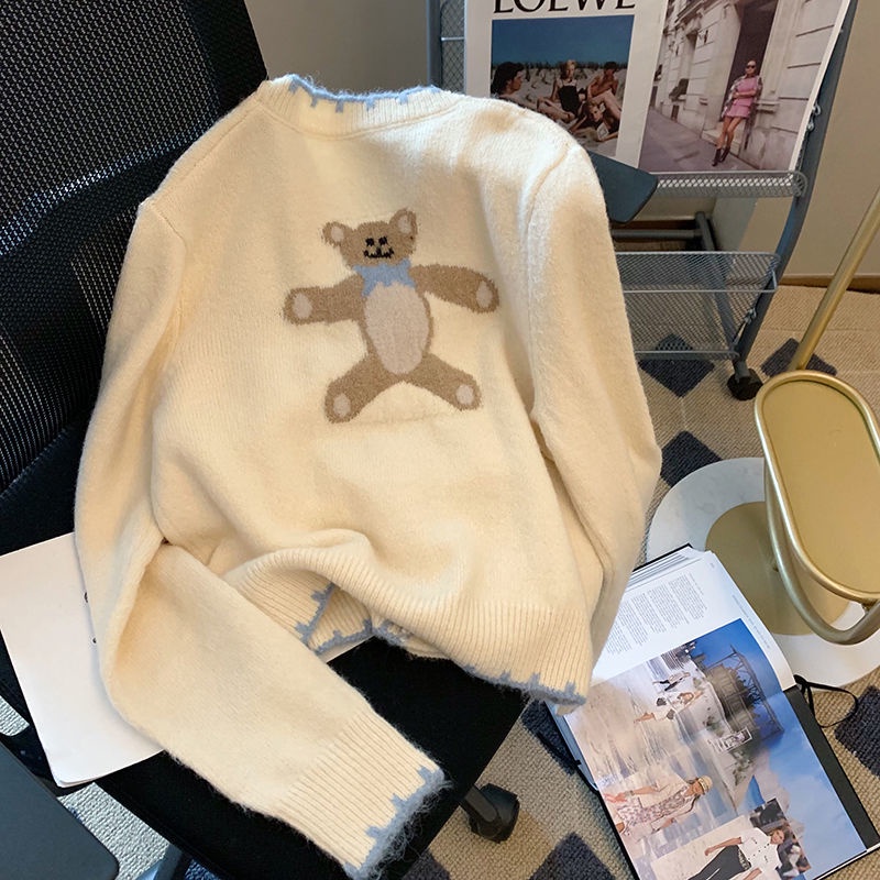 Áo cardigan Dệt Kim Mềm Mại Màu Tương Phản In Hình Gấu Phong Cách Lười Mùa Thu Mới Cho Nữ