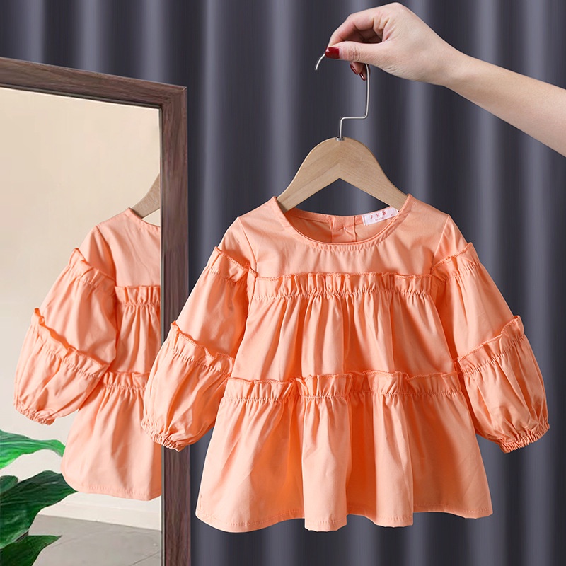 Áo Thun Cotton Tay Dài Màu Trơn Phong Cách Hàn Quốc Thời Trang Xuân Thu Cho Bé Gái