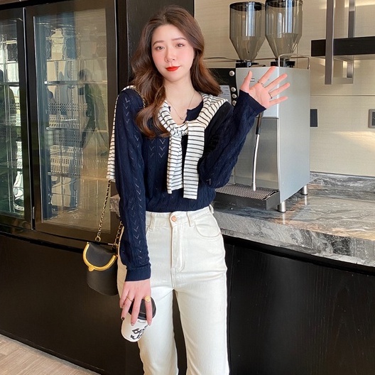 Áo dệt kim ZHELIHANGFEI tay dài cổ chữ V khoét sâu phong cách gợi cảm thời trang cho nữ