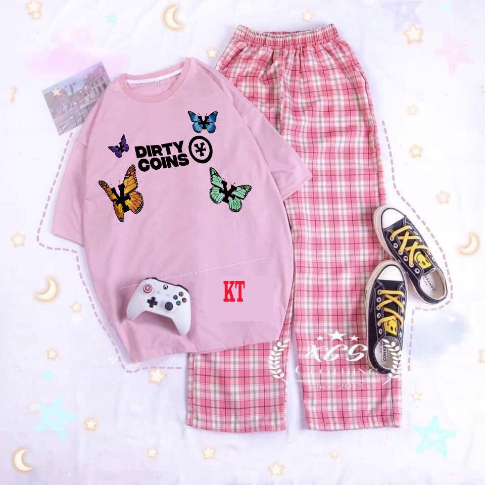 sét áo thun bướm DIRTY + QUẦN KẺ ỐNG RỘNG
