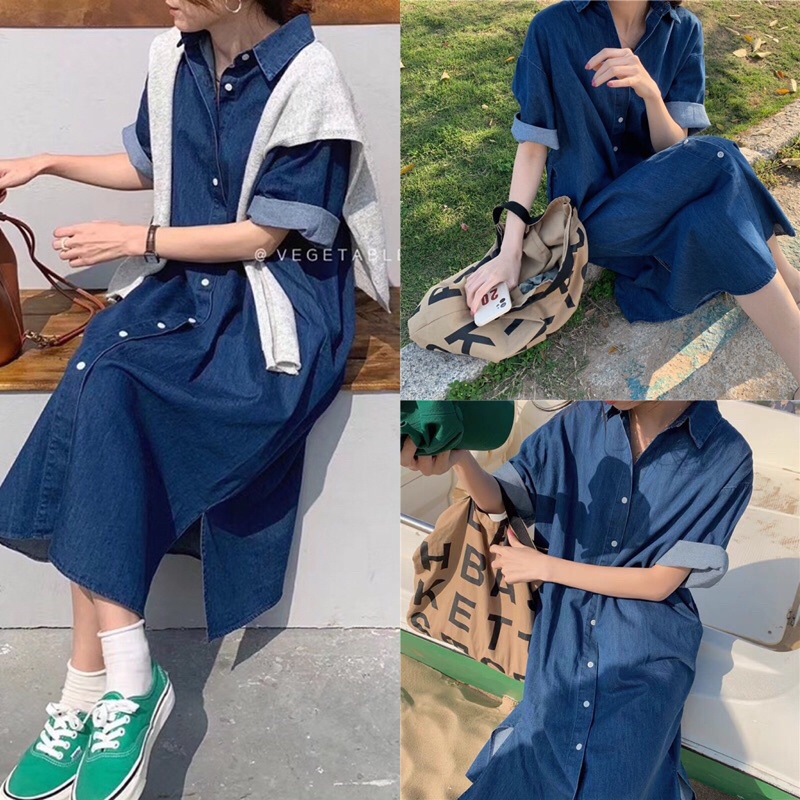 Váy Denim Liền Thân Dáng Suông Phong Cách Hàn Quốc Thời Trang 2021