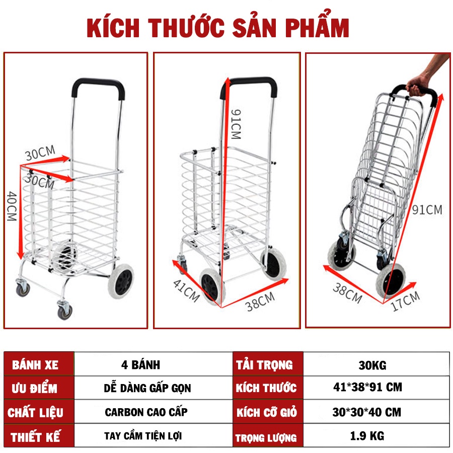 Xe Đẩy Đi Chợ, Xe Kéo Đi Chợ Có Giỏ Hàng Siêu Đẹp Siêu Bền-Black XKD03