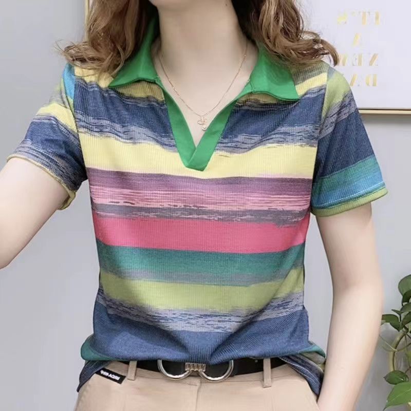 Áo Thun polo Ngắn Tay Họa Tiết Sọc Ngang Thời Trang Dành Cho Nữ