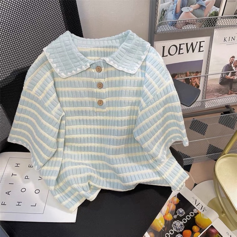 Áo polo cộc tay hoạ tiết kẻ ngang siêu xinh