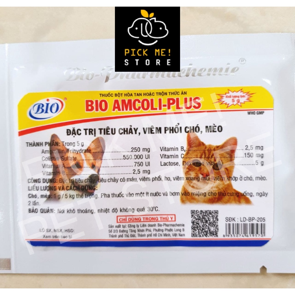 Bio Amcoli Plus |Bio-Amcoli-Plus 5g - Bột hỗ trợ viêm phổi, tiêu chảy cho Chó Mèo