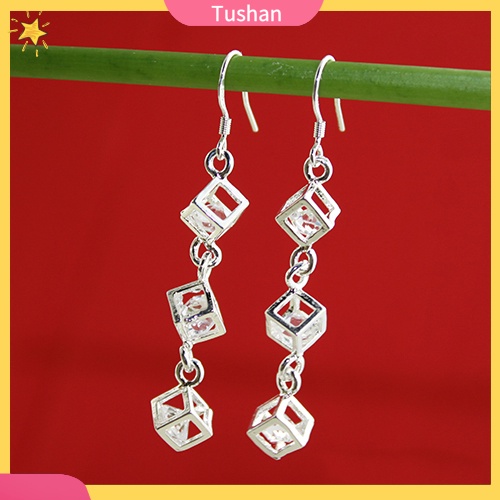 Khuyên tai nữ mạ bạc dáng dài đính khối lập phương xinh xắn