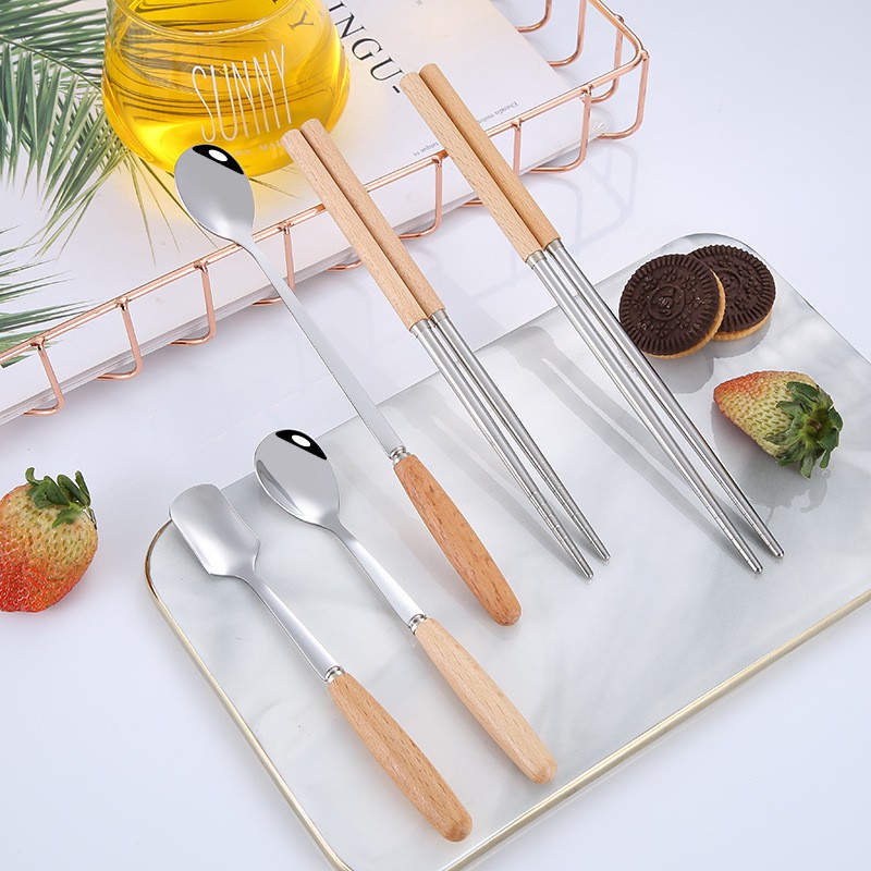 Muỗng/ Đũa/ Nĩa bằng thép không gỉ tay cầm gỗ tinh tế với nhiều loại tùy chọn