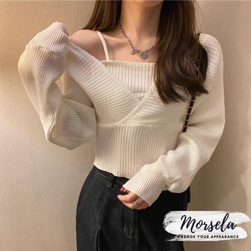 Áo trễ vai tay dài cổ yếm ôm body -Len tăm - chất siêu dãn siêu mịn- Áo croptop nữ kiểu Hàn Quốc - Morsela