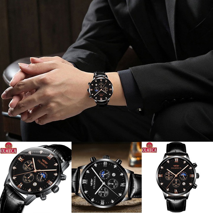 Đồng hồ nam full đen OLMECA thời trang dây da