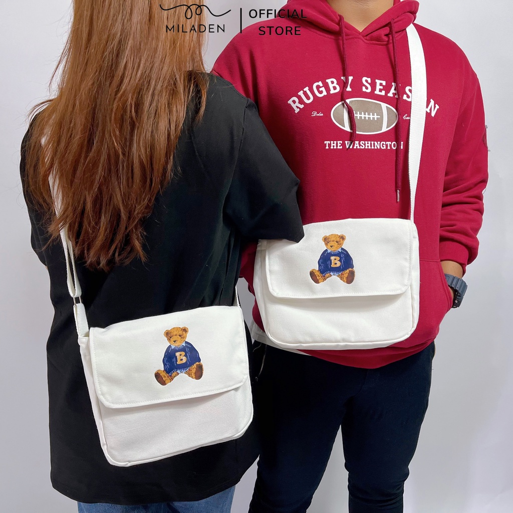 Túi đeo chéo canvas đi chơi đi học nam nữ unisex gấu teddy thương hiệu MILADEN