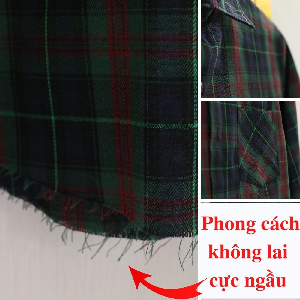Áo Sơ Mi Nam Dài Tay Kẻ Sọc Caro phong cách unisex màu xanh lá Thời Trang PONIVALAZA kiểu dáng Hàn Quốc thấm đẹp