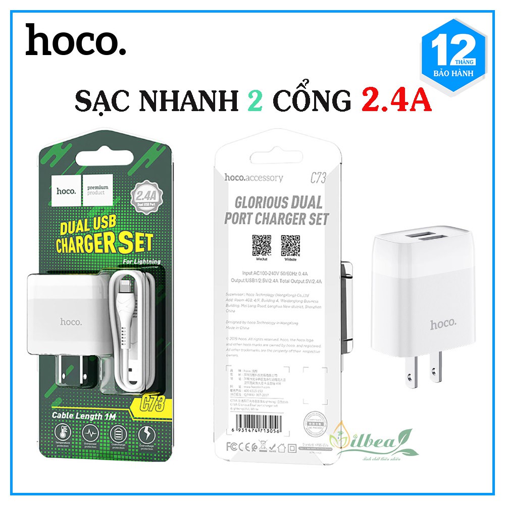 Cốc Sạc Nhanh 2 Cổng 2.4A Hoco C73