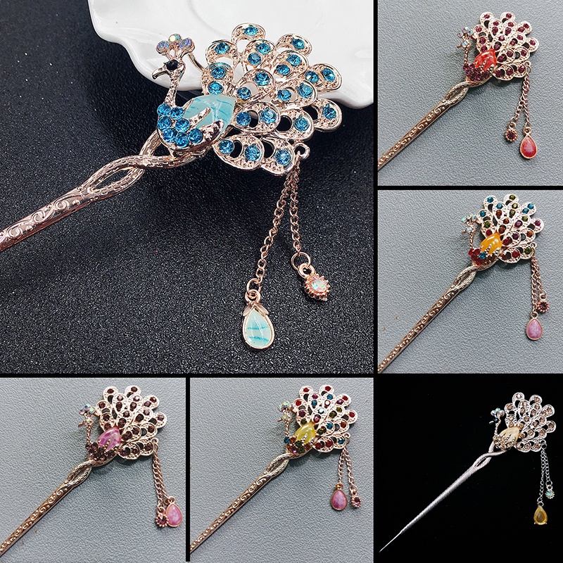 Trâm cài tóc đính đá họa tiết chim công tua rua vintage