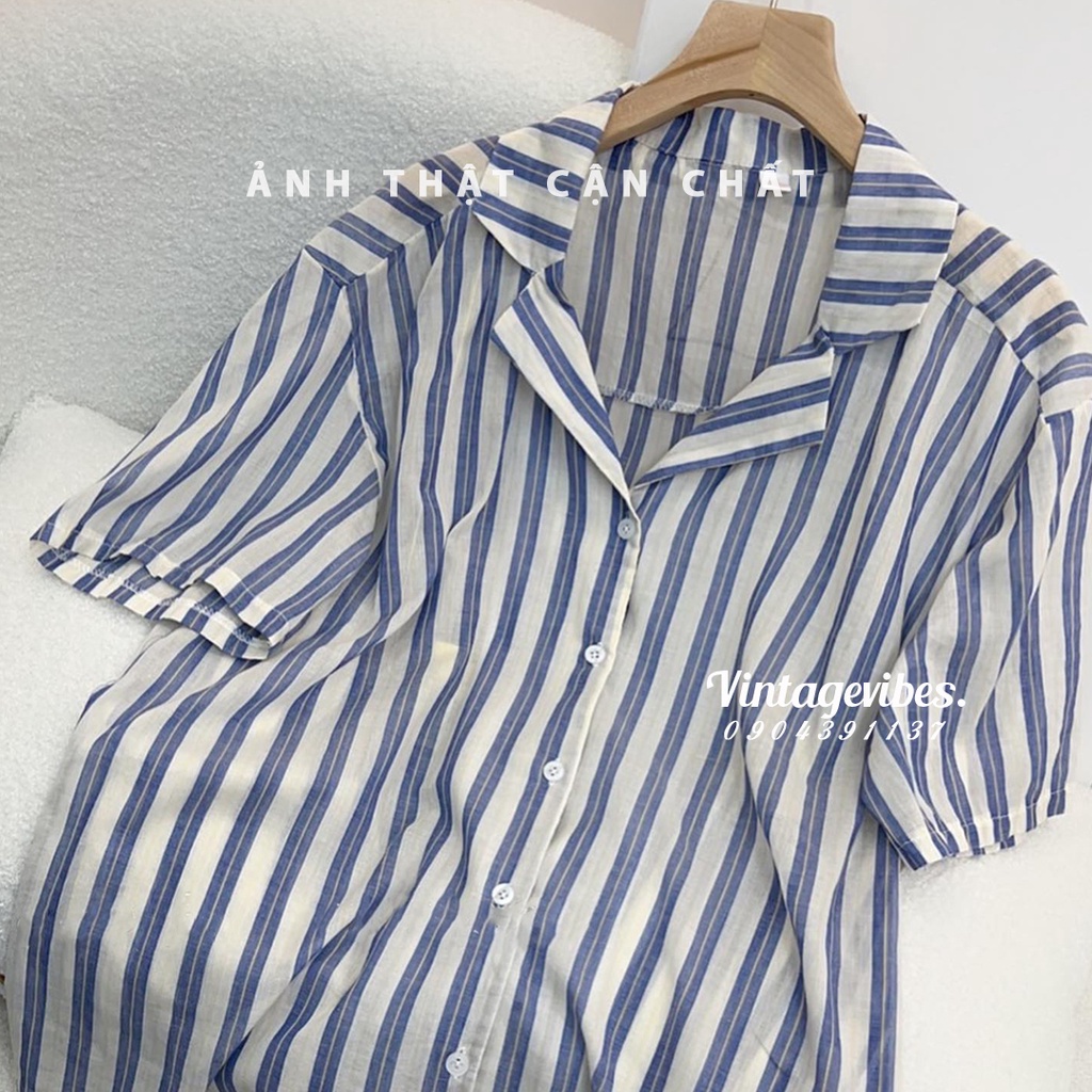 Áo sơ mi nữ, Áo sơ mi cổ vest kẻ sọc to cộc tay style Hàn Quốc
