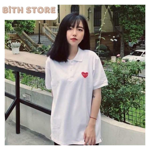 Áo thun nam nữ cổ bé ngắn tay thêu trái tim, áo phông tay ngắn thời trang