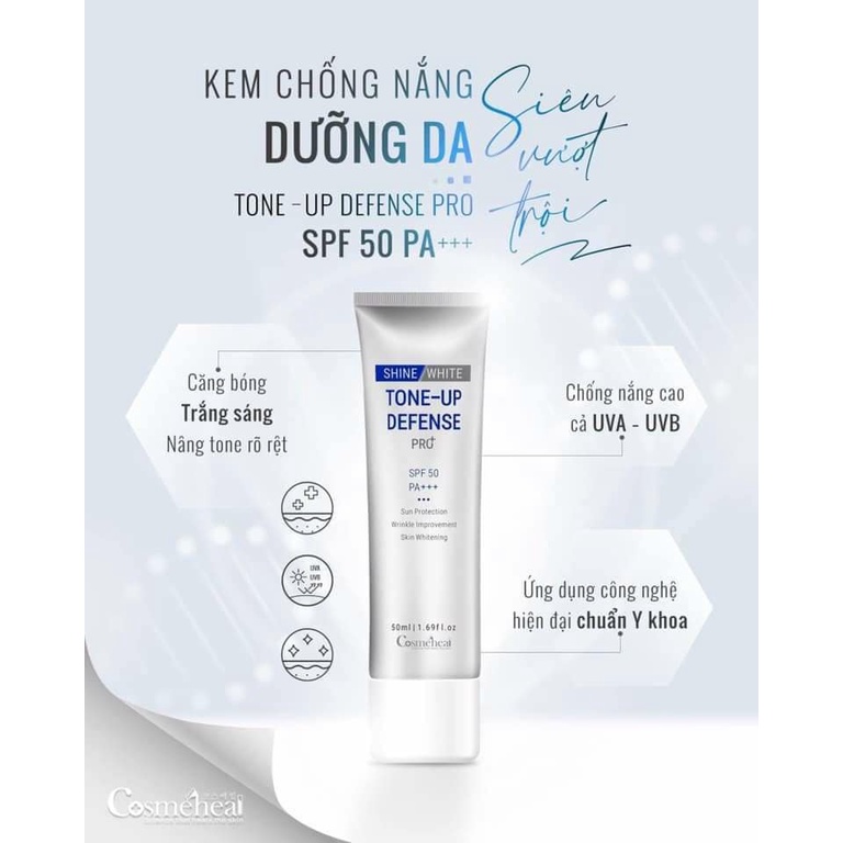 Kem Chống Nắng Cosmeheal Trắng Da ToneUp Defense Pro+ SPF 50 nâng Tone, bảo vệ da, 50ml - PHUONGANHOUSE