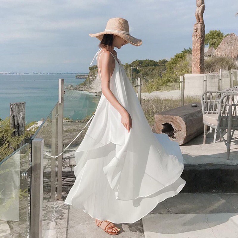 Váy Đầm Maxi Yếm Đi Biển Hai Tầng Hở Lưng Sang Chảnh