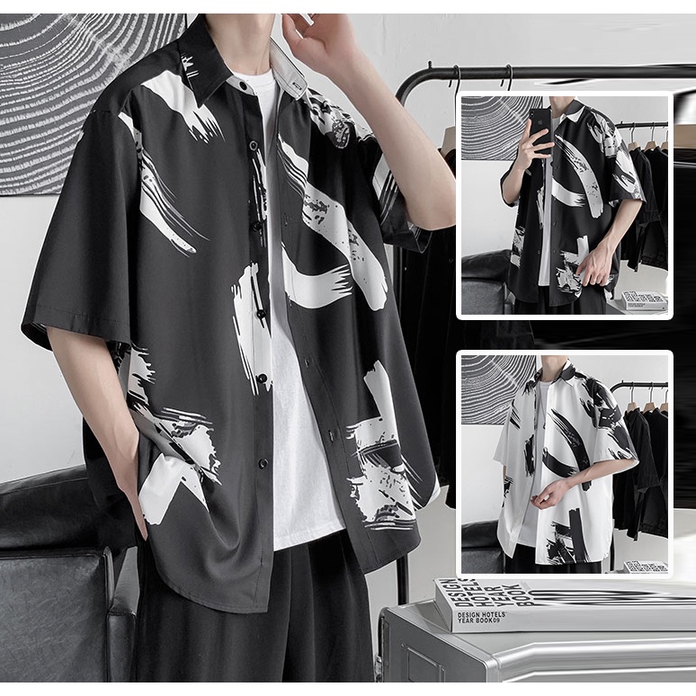 Áo Sơ Mi Nam Tay Lỡ Cổ Vẻ Họa Tiết Vệt Sơn Phong Cách Cá Tính Thời Trang Mixxstoreno.1 SO MI NAM 1000029V1